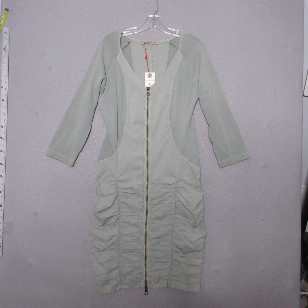 XCVI Wearables Dress Ruched Green Cotton Blend Art to Wear Zip Lagenlook NWT
